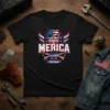 Merica Freedom T-Shirt with a patriotic bulldog graphic and American flag elements