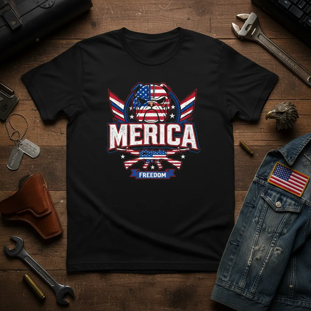 Merica Freedom Bulldog T-Shirt Usa Patriotic Pride