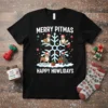 Merry Pitmas Happy Howlidays text with pitbull dogs wearing Santa hats and festive decorations, on a black t-shirt