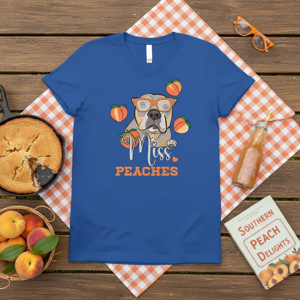 Miss Peaches design with a cute pitbull wearing glasses and surrounded by peach graphics on a t-shirt