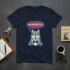 Misunderstood wolf wearing glasses and bowtie with speech bubble saying MISUNDERSTOOD on a navy blue t-shirt