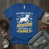 White pitbull illustration with text "My Pitbull Is Not A Monster My Pitbull Is Family" on a royal blue t-shirt