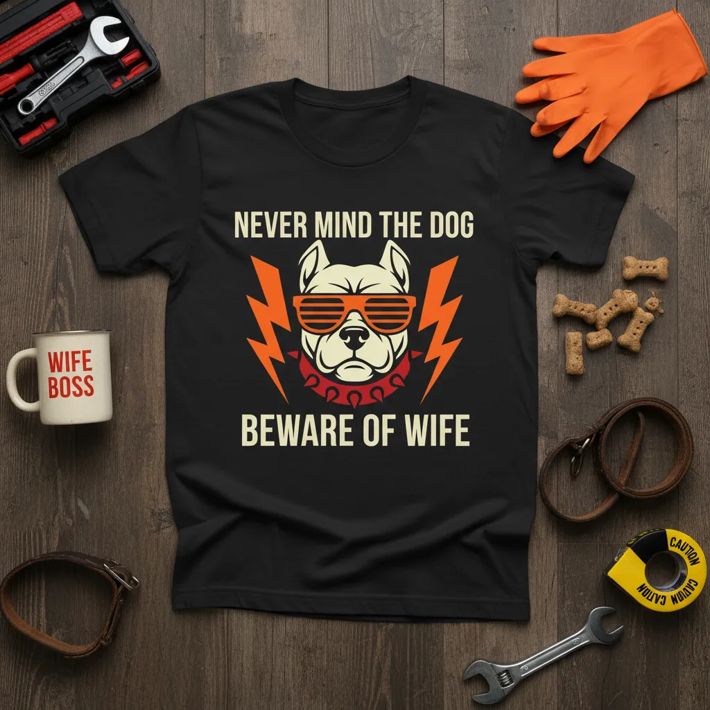 Never Mind The Dog Beware Of Wife quote with a stylish pitbull wearing sunglasses and lightning bolt graphics
