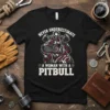 Never Underestimate A Woman With A Pitbull quote t-shirt featuring a stylized pitbull and dumbbells
