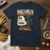 Navy t-shirt with "Never Underestimate An Old Man With A Pitbull" text and a pitbull dog graphic