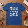 Nurse By Day Pitbull Mom By Night t-shirt featuring a pitbull wearing a nurse's cap and stethoscope graphic