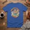 Pawsitive Pages t-shirt design with a dog reading a book and paw prints, vintage style graphic