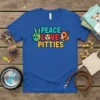 Peace Love Pitties text design with two pitbull heads and a peace sign graphic on a royal blue t-shirt