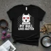 White pit bull graphic with heart eyes and "Pit Bull Lives Matter" text on a black t-shirt