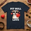 Pit Bull Love text with a cool pit bull wearing sunglasses and holding heart balloons on a navy t-shirt