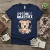 Pitbull Grandma t-shirt featuring bold white text, a cute pitbull face, and floral accents