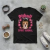 Black t-shirt featuring "Pitbull is My SPIRIT ANIMAL" text with a pitbull dog illustration in a floral wreath
