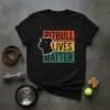Pitbull Lives Matter text design on a black t-shirt with a silhouette of a pitbull's head