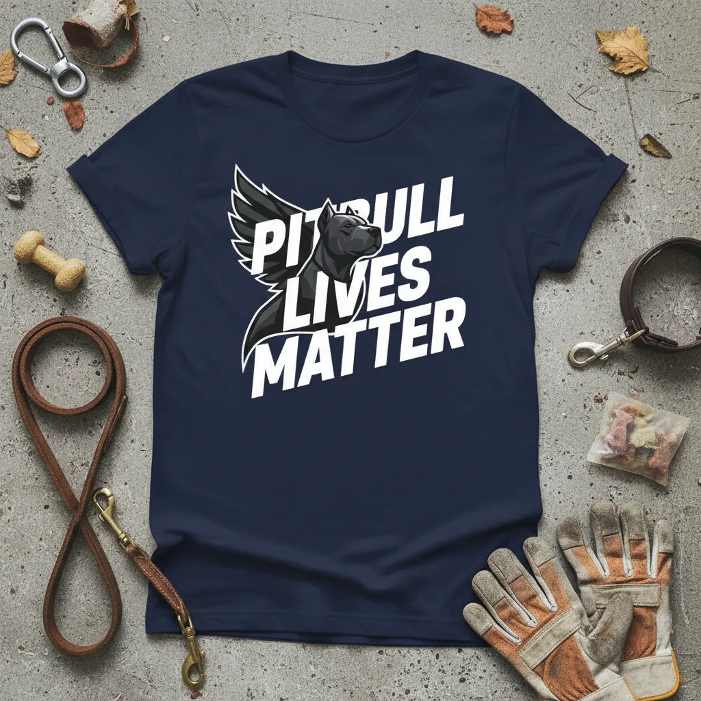 Pitbull Lives Matter statement t-shirt with winged pitbull graphic and bold white text