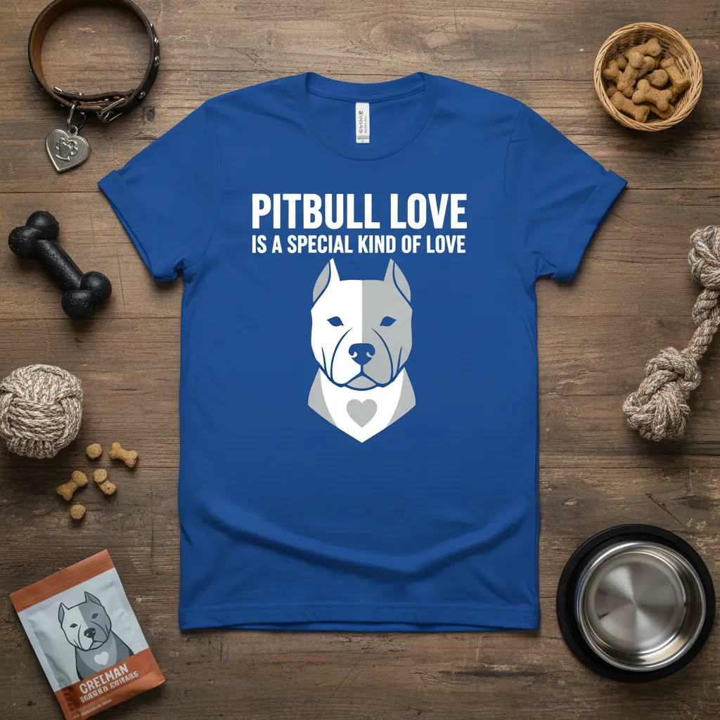 Pitbull Love Is A Special Kind Of Love text and graphic design on a royal blue t-shirt
