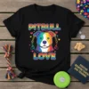 Pitbull Love text above a rainbow-colored pitbull dog face on a black t-shirt