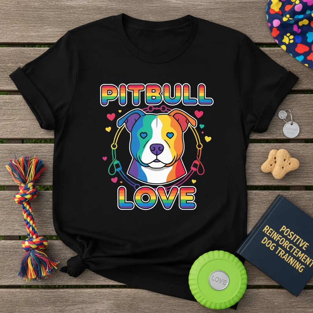Pitbull Love text and rainbow pitbull dog face graphic on a black t-shirt