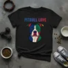 Black t-shirt featuring the text "PITBULL LOVE" in rainbow gradient and a colorful, geometric pitbull portrait design
