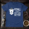 White text "PITBULL MAKES EVERYTHING BETTER" and a graphic of a pitbull wearing a crown on a navy blue t-shirt
