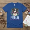 Pitbull Mama heart floral t-shirt design with pitbull portrait in wreath, white text "PITBULL" and pink cursive "mama"