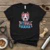 Black t-shirt with "PITBULL MAMA" text and a stylized pitbull head graphic