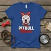 Pitbull Mama T-Shirt featuring a white pitbull wearing a red polka dot bandana and scarf, with "PITBULL Mama" text