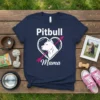 Pitbull Mama T-Shirt featuring white text and a heart graphic with a pitbull silhouette inside