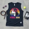 Pitbull Mom text with a graphic of a pitbull wearing headphones and heart-shaped glasses, set against a retro sunset
