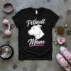 Black t-shirt with white text "Pitbull Mom" and a white outline of a pitbull's head, featuring a small pink ribbon