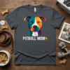 Pitbull Mom t-shirt with a colorful geometric pitbull head graphic and white text