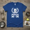 Pitbull Mom t-shirt design with a pitbull head inside a laurel wreath and a heart, text reads "Pitbull Mom"