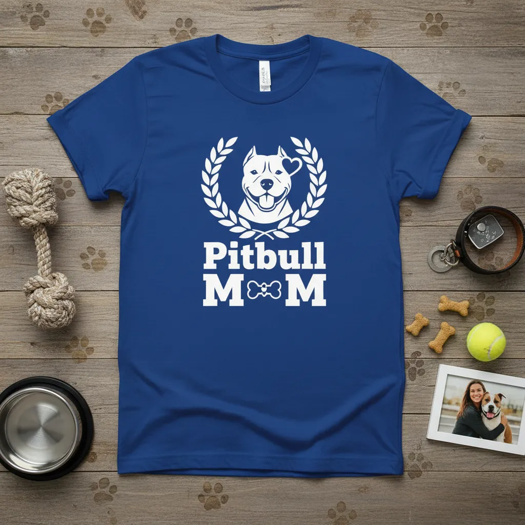 Pitbull Mom t-shirt featuring a pitbull head in a laurel wreath and bold text for dog lovers