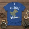 Pitbull Mom t-shirt with white text and a pitbull silhouette made of yellow paw prints