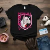 Pitbull mom vaccinated t-shirt design with a pitbull illustration and pink text on a black shirt