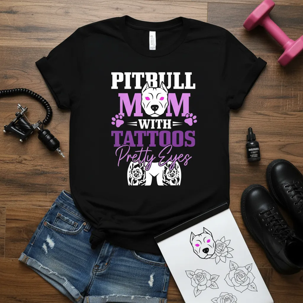 Pitbull Mom With Tattoos Pretty Eyes T-Shirt Gift