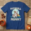 Pitbull Mummy Halloween t-shirt design with a pitbull dressed as a mummy, featuring Egyptian pyramids and scarab beetles