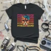 Black t-shirt featuring the words "PITBULL SQUAD" in a repeating retro gradient pattern with a cool pitbull illustration wearing sunglasses