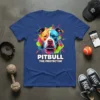 Pitbull The Protector t-shirt design featuring a colorful, abstract pitbull portrait with bold white text below