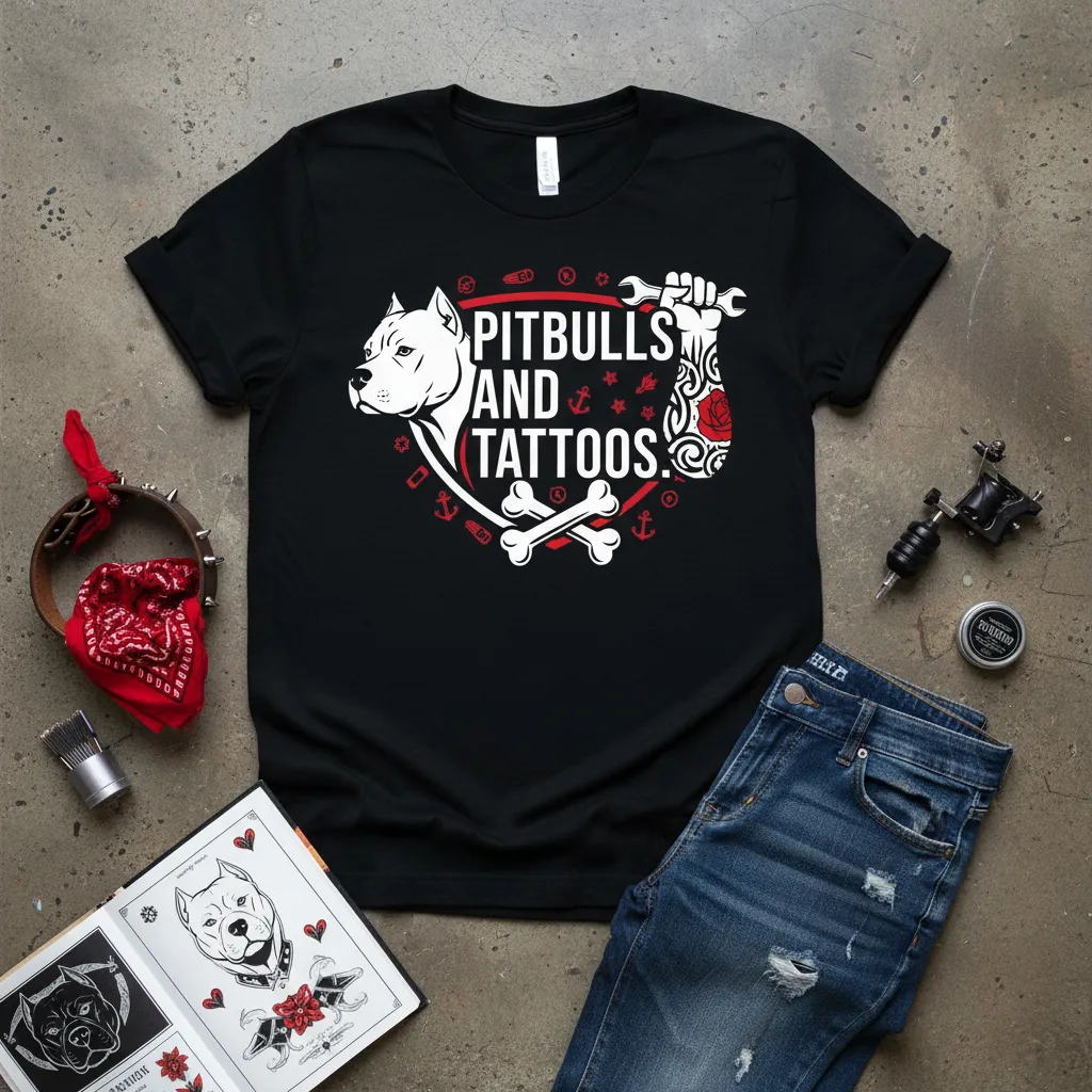 Pitbulls and Tattoos text design with pitbull head, bones, and rose graphic on black tee