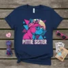 Pittie Sister T-Shirt featuring a stylized pitbull wearing a bandana and glasses, with retro geometric background