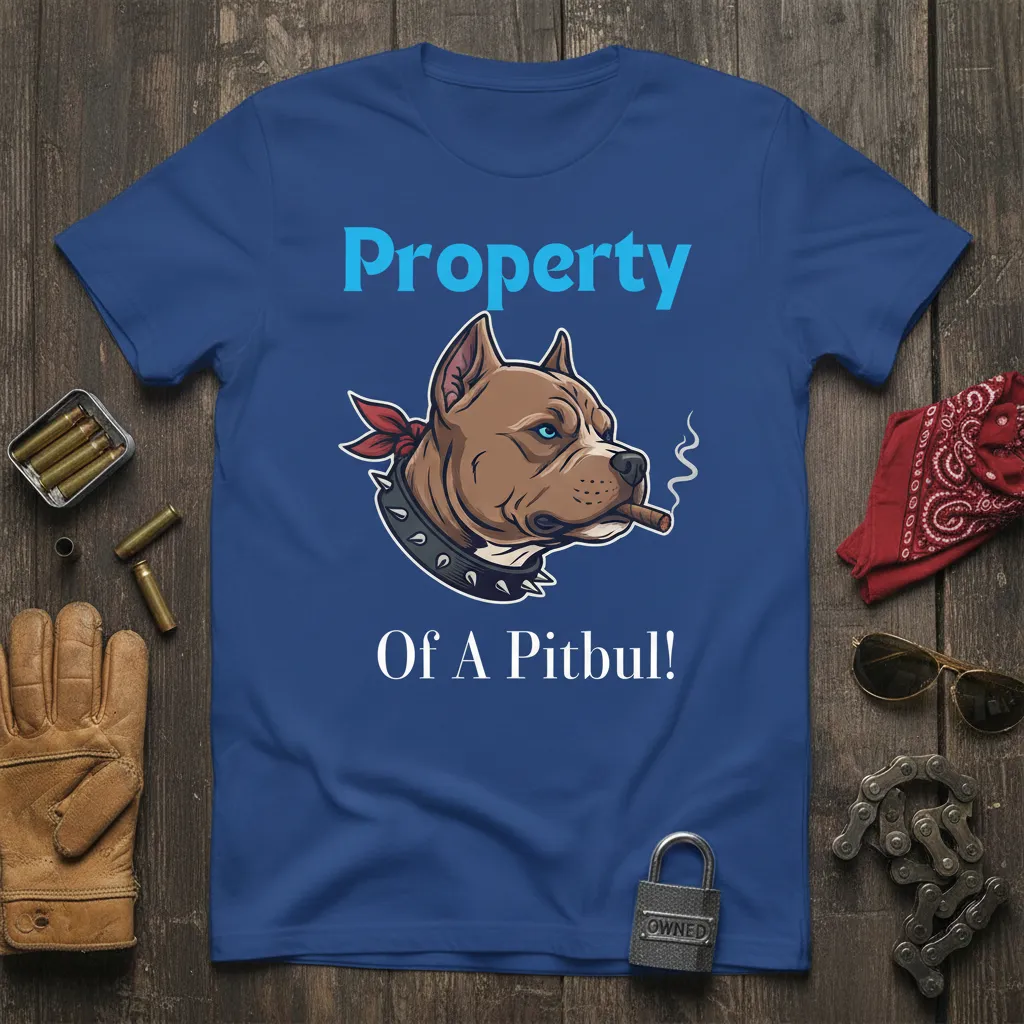Property Of A Pitbull! quote with a tough-looking pitbull illustration on a blue t-shirt