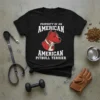 Black t-shirt with white text "PROPERTY OF AN AMERICAN AMERICAN PITBULL TERRIER" and a red American Pitbull Terrier graphic