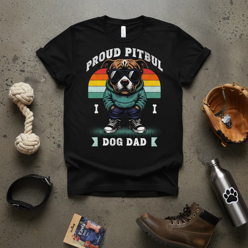 Proud Pitbul Dog Dad graphic tee featuring a pitbull in sunglasses with retro sunset and text