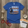 Blue t-shirt with "Rescue the Mistreated Save the Injured Love the Abandoned" text and a sitting dog graphic with a