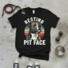 Resting Pit Face t-shirt design featuring a pit bull portrait in a vintage sunset circle