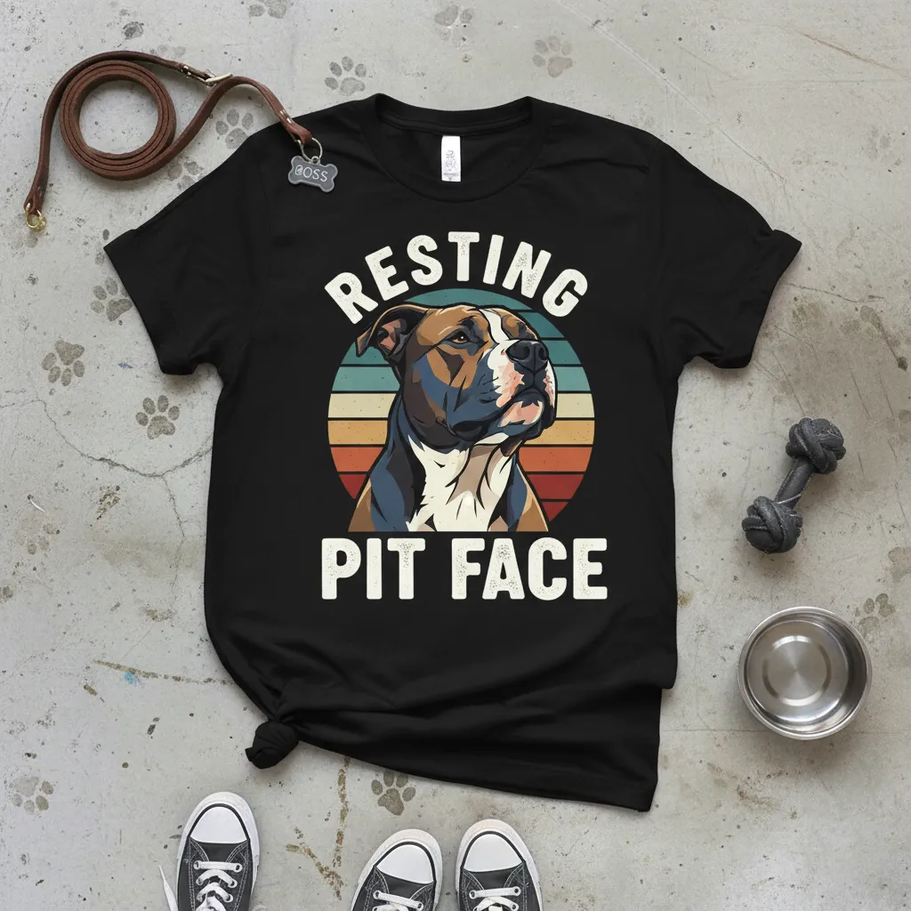 Resting Pit Face graphic tee with a pit bull portrait and vintage sunset background