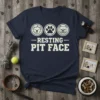 Navy t-shirt with "Resting Pit Face" design, featuring three circles with a sleeping pitbull, a paw print, and an angry