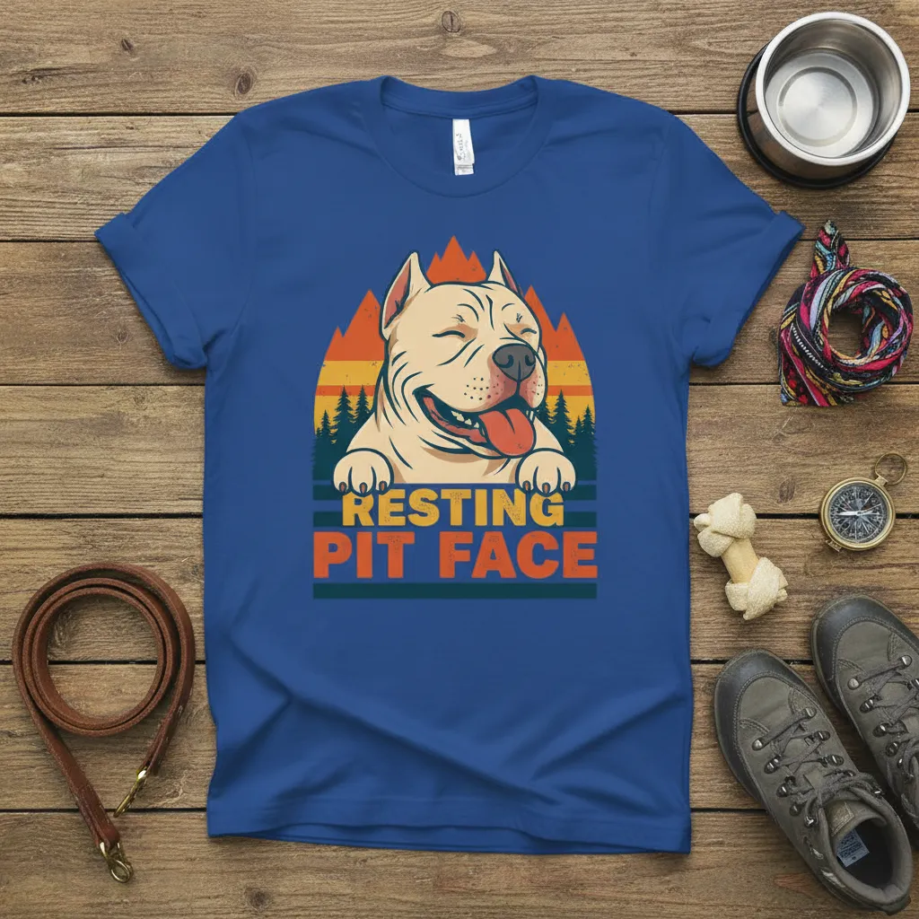 Resting Pit Face pit bull dog quote graphic with retro sunset and mountain design