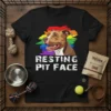 Black t-shirt featuring "Resting Pit Face" text and a pitbull illustration with a rainbow background