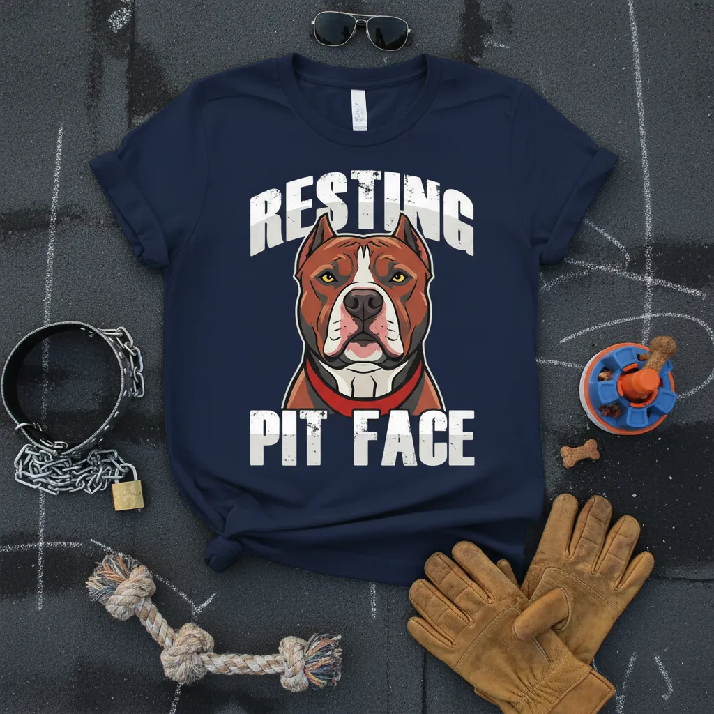 Resting Pit Face humorous quote on a navy t-shirt with a pit bull graphic